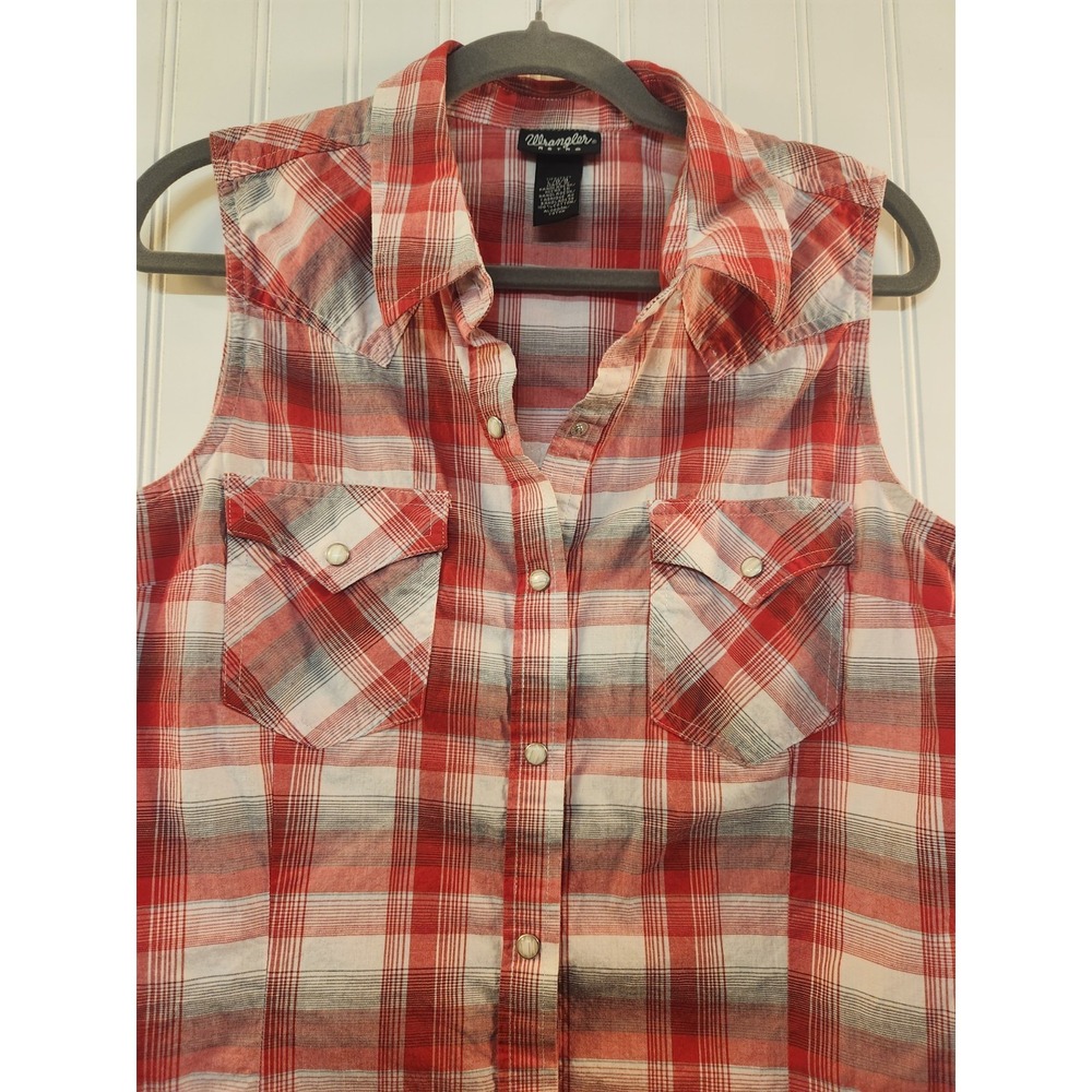 Wrangler Retro Women's Red Flannel Pearl Snap Button Sleeveless Shirt Size L - Picture 3 of 9